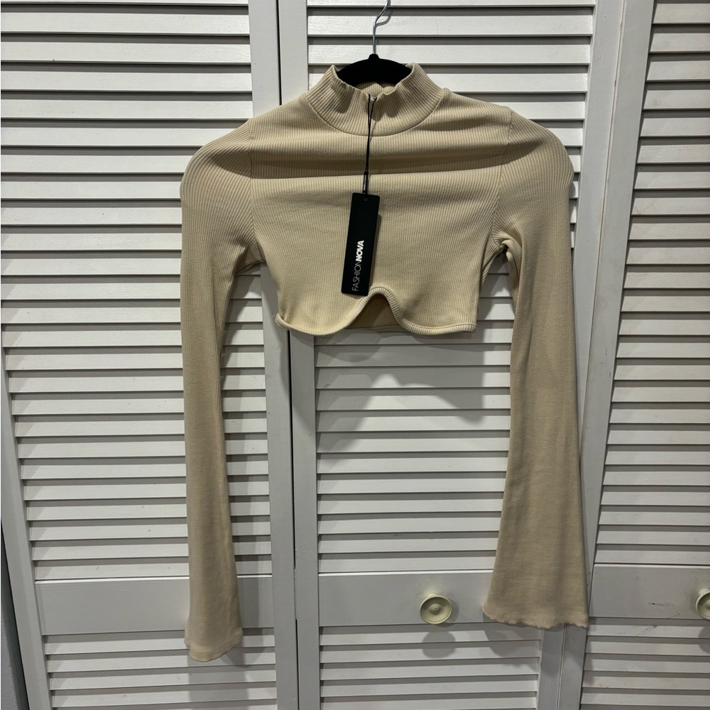 Fashion Nova Tan Long Sleeve Fitted Crop Bodysuit